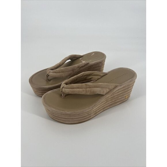 Veronica Beard Womens Size 8.5 Geno Cork Wedge Slide Sandals Tan Suede Thong - Picture 3 of 12